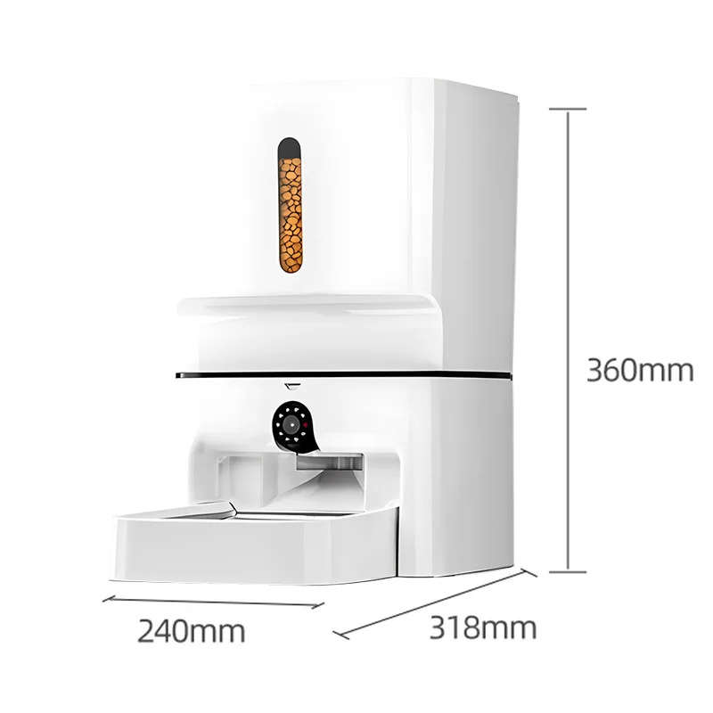 Schéma des dimensions d'un distributeur croquettes chat et chien blanc : hauteur 360mm, profondeur 318mm et largeur 240mm. L'image présente un distributeur croquettes automatique XL avec caméra intégrée et fenêtre de niveau. Une solution de distributeur croquettes chien stable et volumineuse pour une gestion parfaite de l'alimentation domestique.
