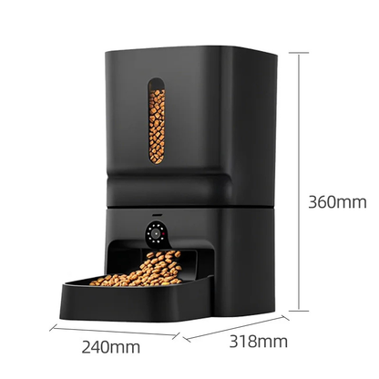 Schéma technique des dimensions d'un distributeur croquettes chat et chien noir mat : hauteur 360mm, profondeur 318mm et largeur 240mm. L'image présente un distributeur croquettes automatique XL avec caméra HD et fenêtre de contrôle du niveau de nourriture. Une solution de distributeur croquettes chien stable et volumineuse pour une gestion connectée de l'alimentation.