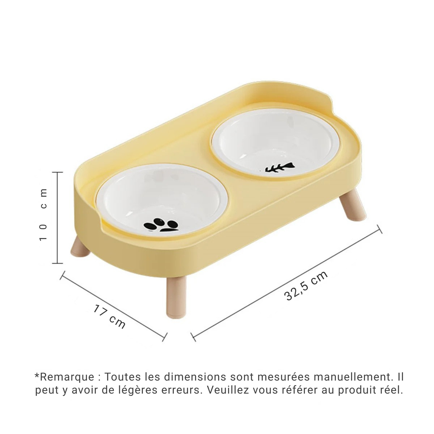 Infographie des dimensions d'une gamelle pour chat double surélevée : 32,5 cm de long et 10 cm de haut. Cette gamelle chat design jaune pastel avec bols en céramique et pieds en bois assure un confort orthopédique et une hygiène parfaite. Une gamelle duo élégante aux mesures précises pour le bien-être de votre animal.
