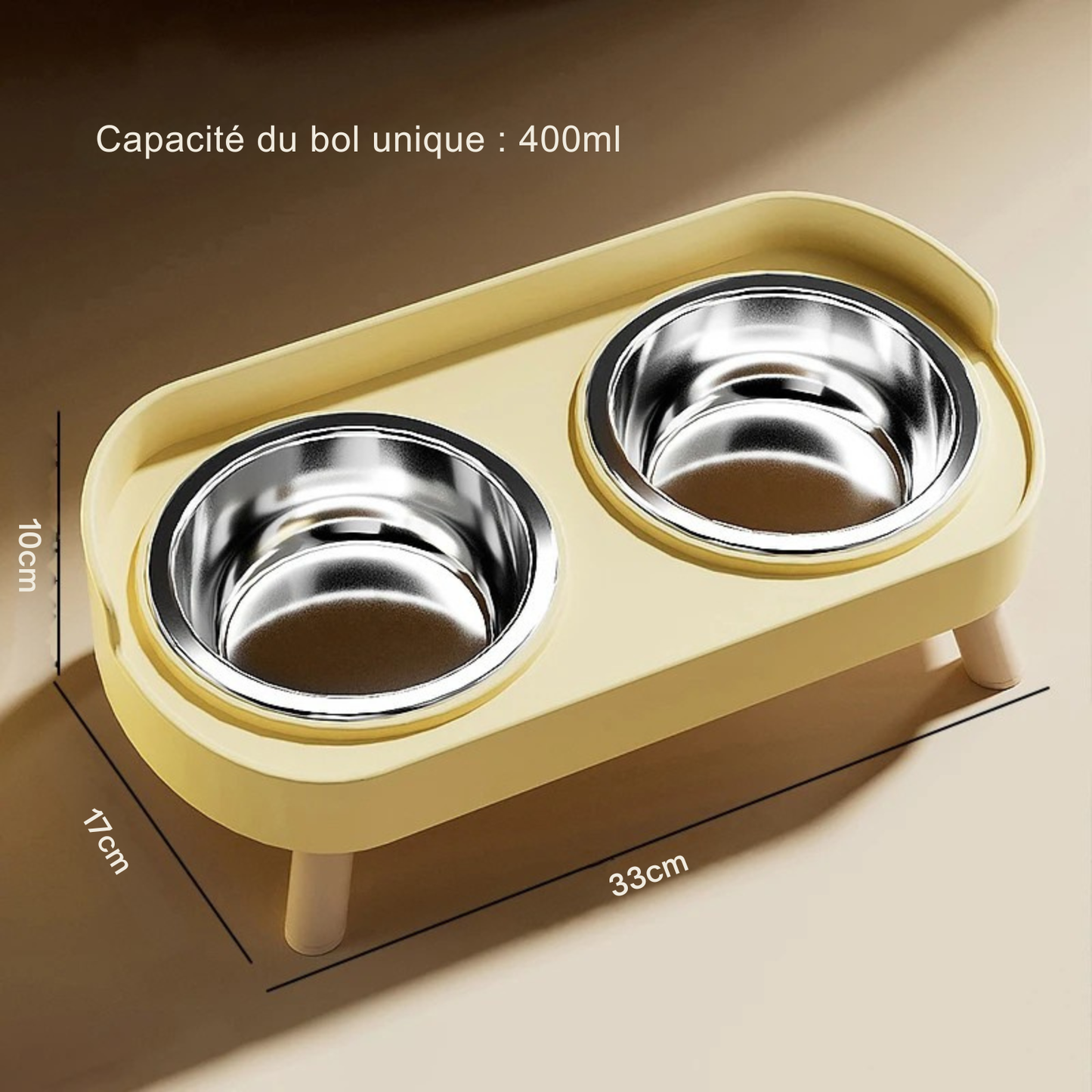 Infographie des dimensions d'une gamelle pour chat double surélevée de 33 cm avec deux bols en inox de 400 ml chacun. Cette gamelle chat ergonomique jaune pastel sur pieds en bois assure un confort cervical optimal et une hygiène parfaite contre les bactéries. Un ensemble de gamelle duo robuste et élégant aux finitions scandinaves pour votre intérieur.