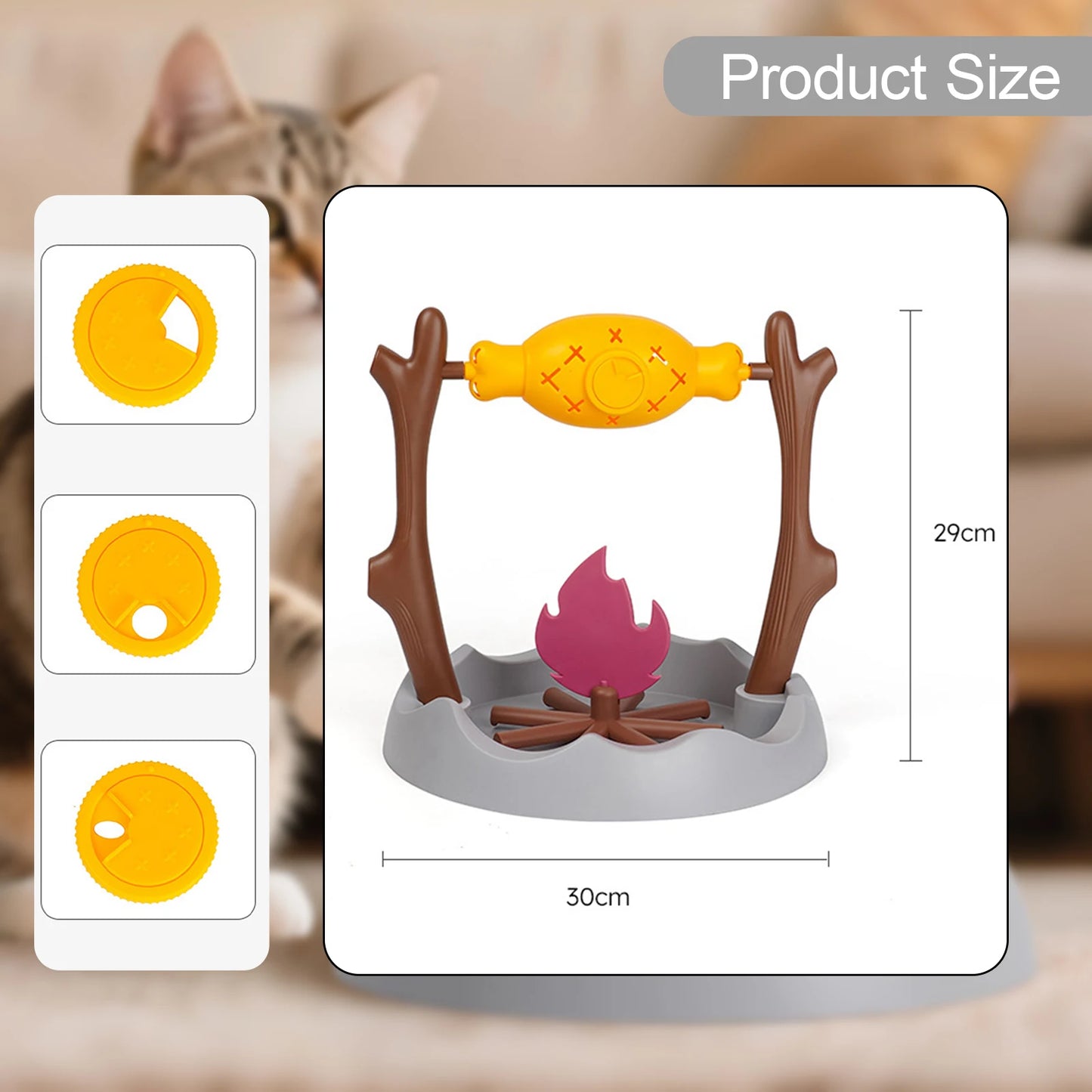Schéma technique indiquant les dimensions de la gamelle anti glouton chat interactive (30 cm x 29 cm). Le visuel détaille également les 3 réglages du distributeur rotatif pour adapter la difficulté. Cette gamelle glouton ludique en forme de feu de camp est parfaite pour réguler le repas de votre félin, disponible chez Les Trésors d'Owka.