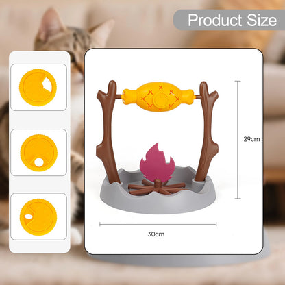 Schéma technique indiquant les dimensions de la gamelle anti glouton chat interactive (30 cm x 29 cm). Le visuel détaille également les 3 réglages du distributeur rotatif pour adapter la difficulté. Cette gamelle glouton ludique en forme de feu de camp est parfaite pour réguler le repas de votre félin, disponible chez Les Trésors d'Owka.