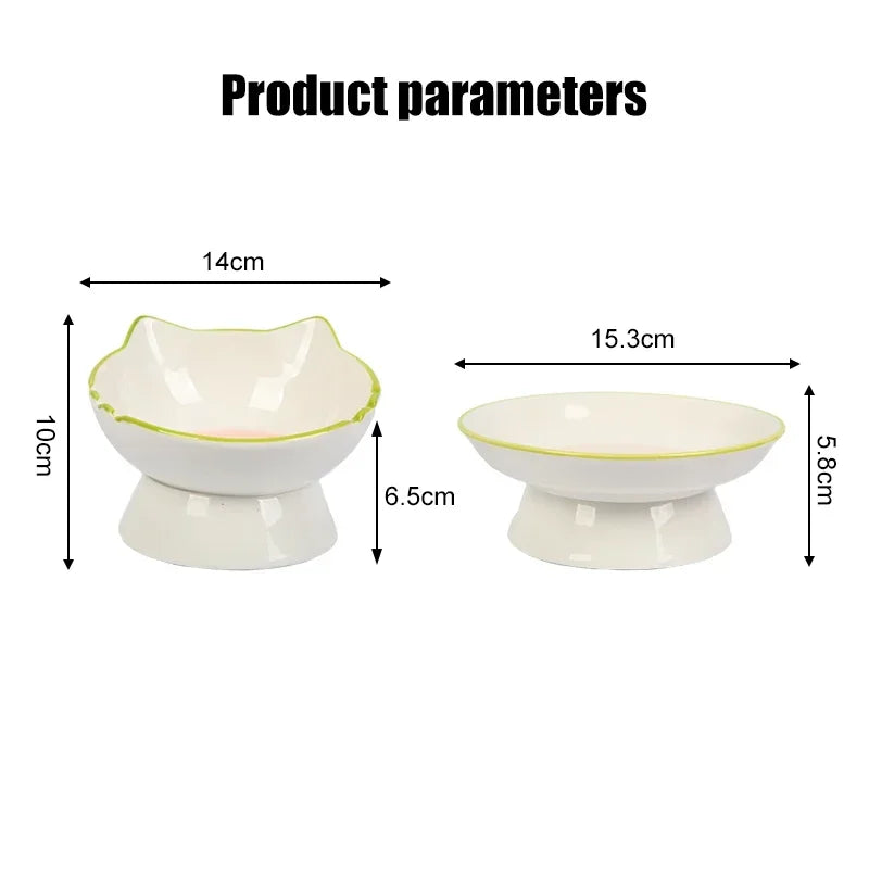 Infographie des dimensions d'une gamelle pour chat surélevée en céramique : bol tête de chat (14x10 cm) et bol évasé (15,3x5,8 cm). Ce schéma technique aide à choisir la gamelle chat idéale selon la taille de votre animal pour un confort ergonomique. Une gamelle design et fonctionnelle avec des mesures précises pour votre intérieur.