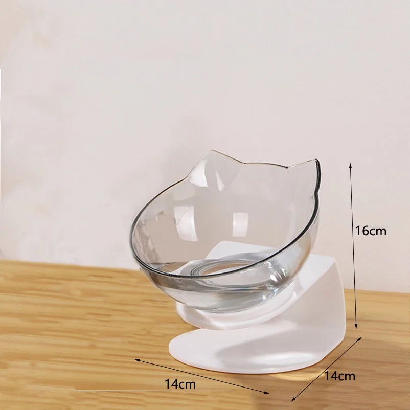 Infographie des dimensions d'une gamelle pour chat individuelle inclinée : 14 cm de large sur 16 cm de haut avec bol transparent design oreilles de chat. Cette gamelle chat orthopédique sur support blanc assure un confort cervical optimal et facilite la digestion de votre animal. Une gamelle ergonomique et élégante aux mesures précises pour votre intérieur.