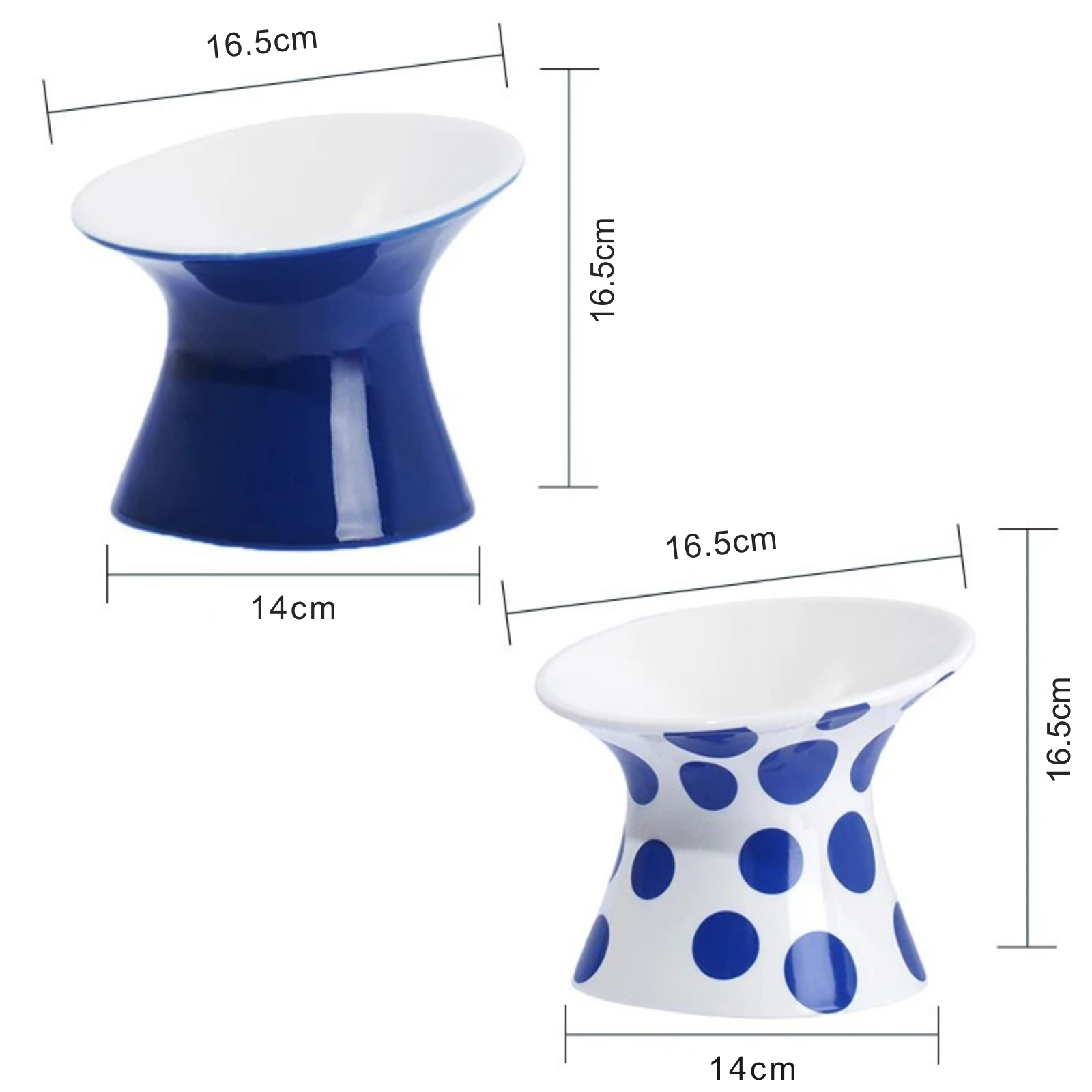 Dimensions techniques de la gamelle pour chat surélevée de 16,5 cm en céramique bleu royal. Schéma détaillé montrant la largeur du bol de 16,5 cm et la base de 14 cm. Cette gamelle animaux ergonomique et inclinée existe en bleu uni et motifs à pois. Une gamelle pour chat orthopédique XL idéale pour le confort digestif et cervical des grands félins.