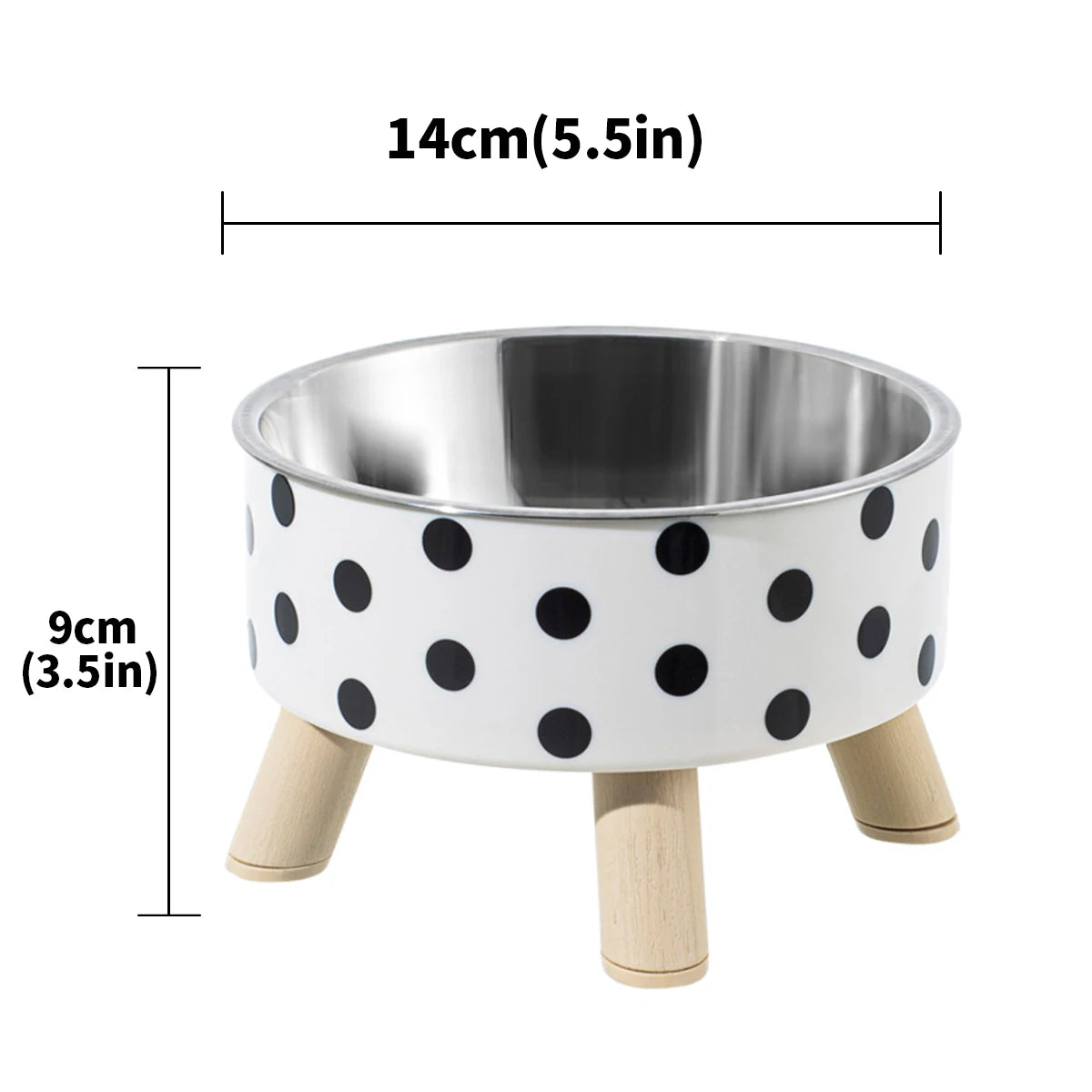 Infographie des dimensions d'une gamelle pour chat surélevée : 14 cm de large et 9 cm de haut avec bol en acier inoxydable. Cette gamelle chat design à pois noirs sur pieds en bois assure un confort cervical optimal et une hygiène parfaite. Une gamelle robuste et élégante aux mesures précises pour votre intérieur.