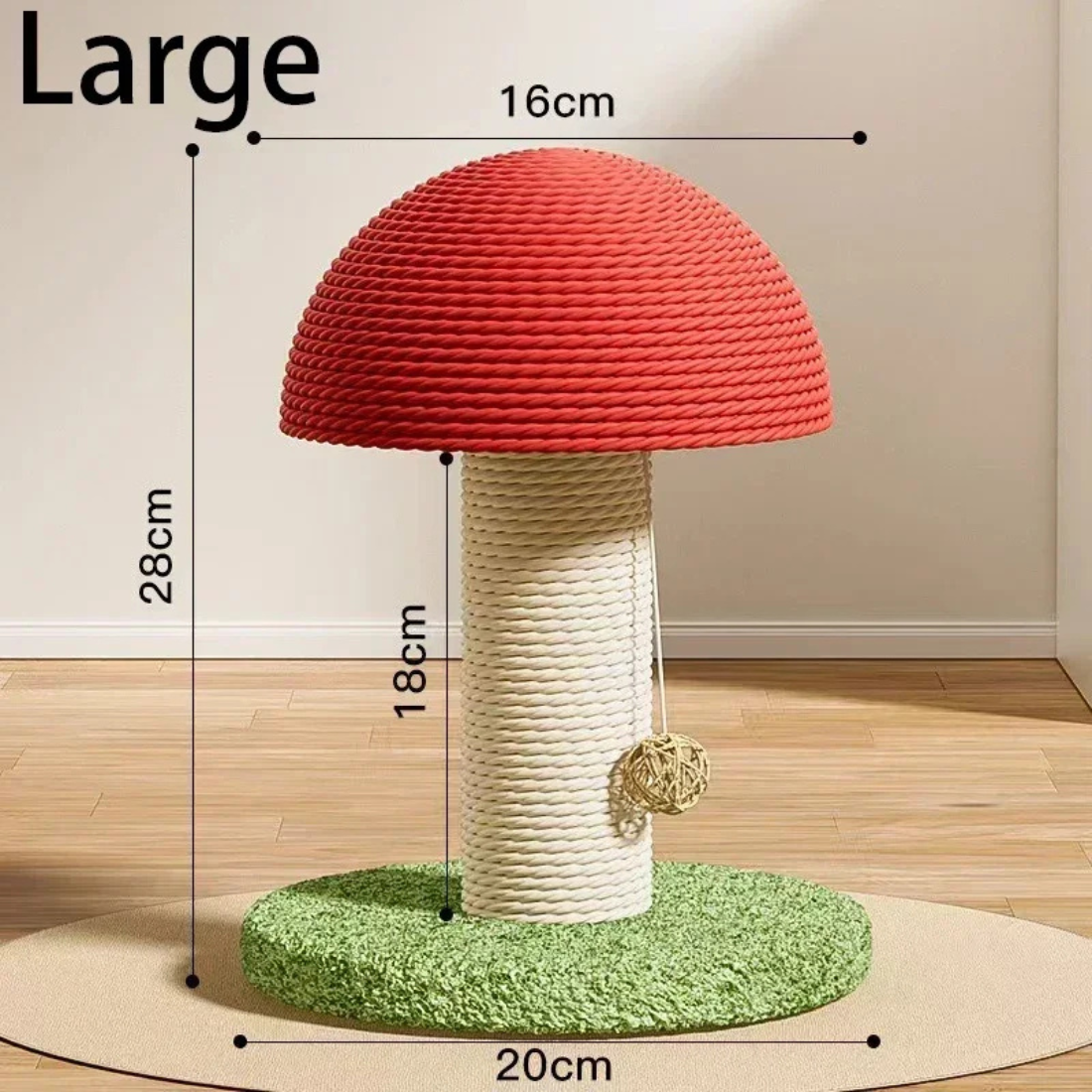Schéma technique du grand griffoir champignon rouge pour chat : hauteur totale de 28 cm, chapeau de 16 cm, poteau en sisal de 18 cm et base stable de 20 cm avec jouet suspendu.