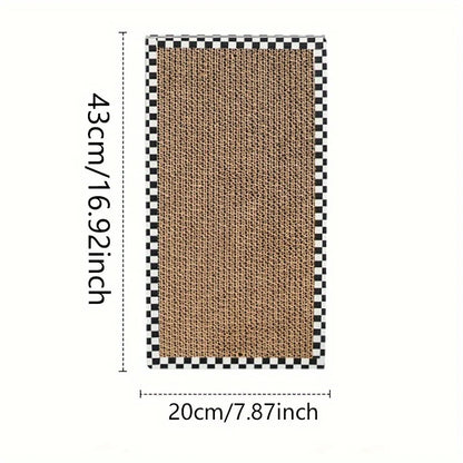 Dimensions détaillées de la planche à griffer pour chat en carton ondulé : 43 cm de hauteur par 20 cm de largeur, avec bordure décorative à damier noir et blanc.