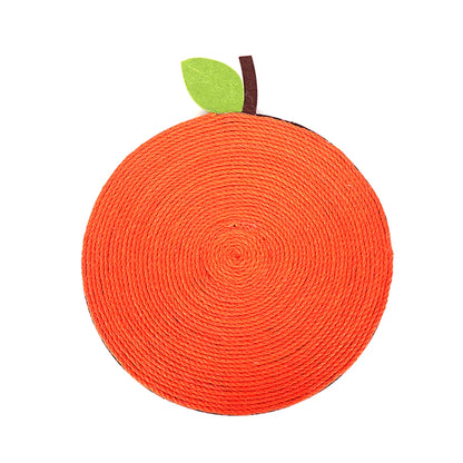 Schéma technique du griffoir pour chat en sisal orange en forme d'orange, montrant un diamètre de 30 cm et une hauteur totale de 36 cm avec feuille décorative.