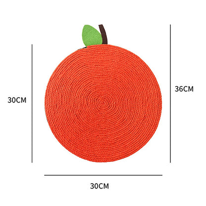 Schéma technique du griffoir pour chat en sisal orange en forme d'orange, montrant un diamètre de 30 cm et une hauteur totale de 36 cm avec feuille décorative.