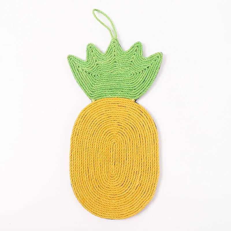 Schéma technique du griffoir pour chat en sisal en forme d'ananas jaune et vert, montrant une hauteur de 42 cm et une largeur de 20 cm avec boucle de suspension.