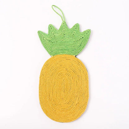 Schéma technique du griffoir pour chat en sisal en forme d'ananas jaune et vert, montrant une hauteur de 42 cm et une largeur de 20 cm avec boucle de suspension.