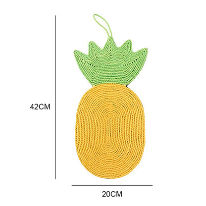 Schéma technique du griffoir pour chat en sisal en forme d'ananas jaune et vert, montrant une hauteur de 42 cm et une largeur de 20 cm avec boucle de suspension.