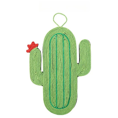 Schéma technique d'un griffoir pour chat en sisal vert en forme de cactus avec petite fleur rouge, montrant une hauteur de 40 cm et une largeur de 30 cm avec boucle de suspension.