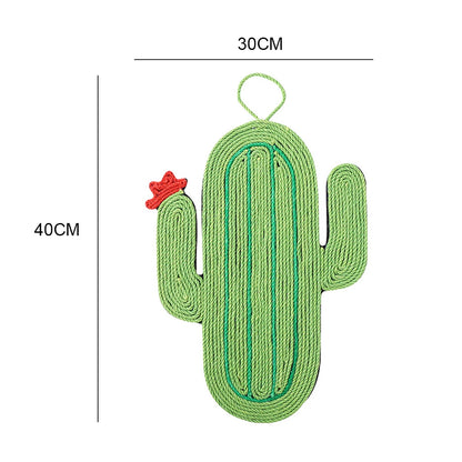 Schéma technique d'un griffoir pour chat en sisal vert en forme de cactus avec petite fleur rouge, montrant une hauteur de 40 cm et une largeur de 30 cm avec boucle de suspension.