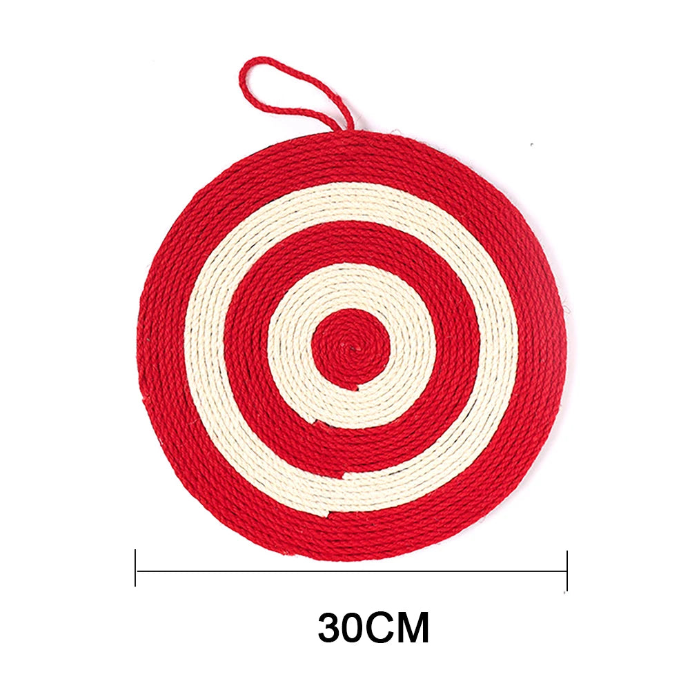 Schéma technique d'un griffoir pour chat en sisal en forme de cible rouge et blanche, montrant un diamètre de 30 cm avec boucle de suspension intégrée.