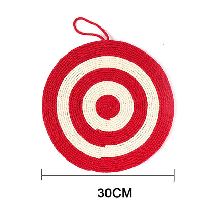 Schéma technique d'un griffoir pour chat en sisal en forme de cible rouge et blanche, montrant un diamètre de 30 cm avec boucle de suspension intégrée.