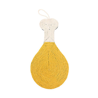 Schéma technique du griffoir pour chat en sisal en forme de cuisse de poulet jaune et blanc, montrant une hauteur de 43 cm et une largeur de 22 cm avec boucle de suspension.