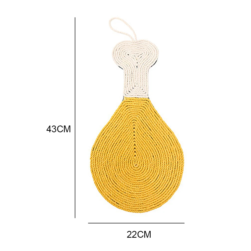 Schéma technique du griffoir pour chat en sisal en forme de cuisse de poulet jaune et blanc, montrant une hauteur de 43 cm et une largeur de 22 cm avec boucle de suspension.