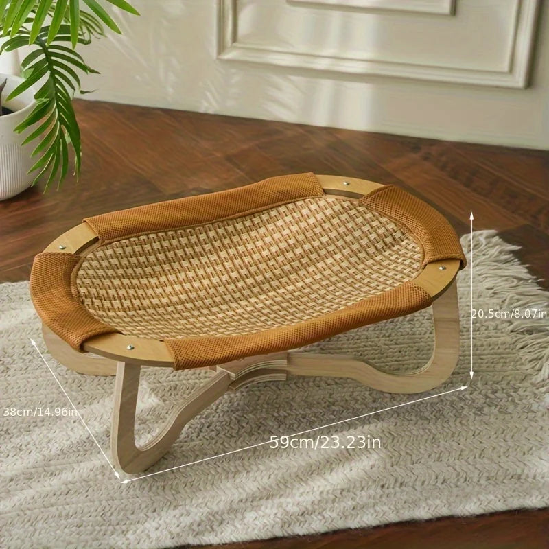Schéma technique montrant les dimensions (59x38x20,5cm) du hamac rafraîchissant en bois pour animaux. Cette alternative au tapis rafraichissant chien et chat présente un cadre surélevé et un tissage rotin ventilé. Coussin rafraichissant pour chat design et ergonomique, idéal comme tapis rafraichissant chat haut de gamme. Qualité Les Trésors d'Owka.