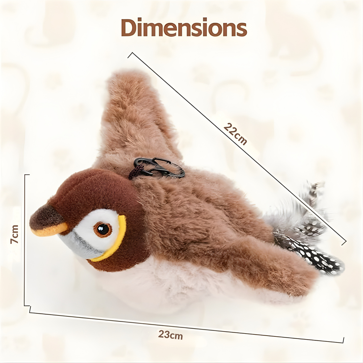Schéma technique des dimensions d'un oiseau interactif pour chat en peluche marron, indiquant une longueur de 23 cm, une largeur d'aile de 22 cm et une hauteur de 7 cm.
