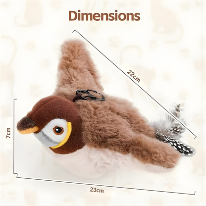 Schéma technique des dimensions d'un oiseau interactif pour chat en peluche marron, indiquant une longueur de 23 cm, une largeur d'aile de 22 cm et une hauteur de 7 cm.
