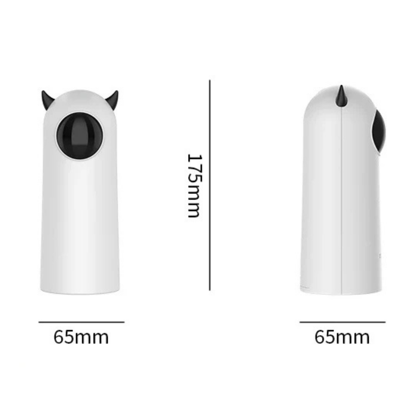 Schéma technique des dimensions du laser automatique pour chat au design blanc avec cornes noires, indiquant une hauteur de 175 mm et une largeur de base de 65 mm pour un format compact et stable.