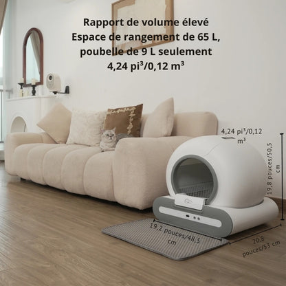 Infographie de dimensions pour le bac à litière chat automatique DOEL dans un salon : 53 cm de profondeur, 48,5 cm de largeur et 50,5 cm de hauteur. Offre 65L d'espace intérieur et un bac à déchets de 9L, idéal comme bac à litière pour chaton spacieux.