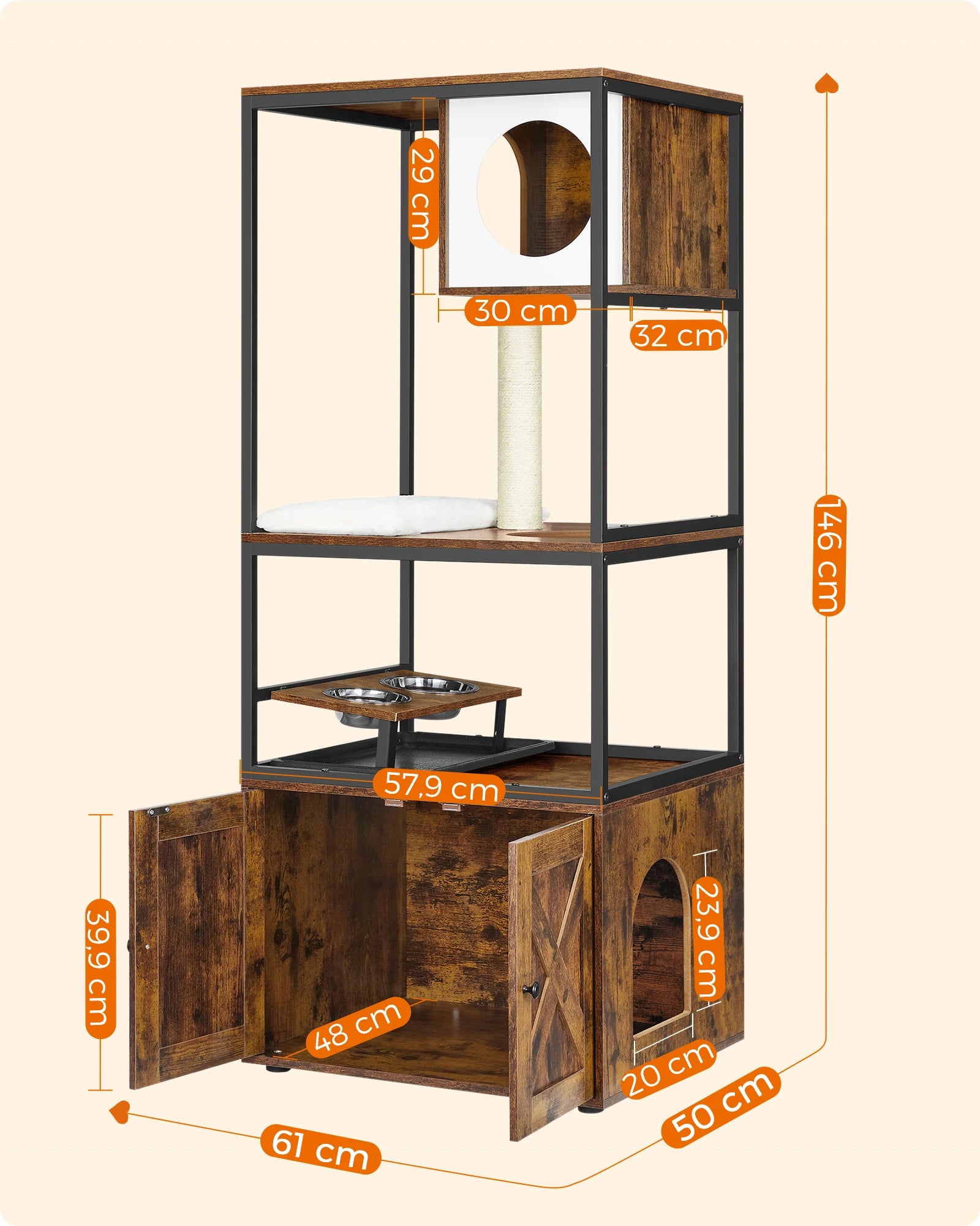 Plan détaillé des dimensions d'un meuble arbre à chat industriel de 146 cm de haut. L'image indique les mesures du cache-litière, de la niche haute et de la station de repas. Arbre a chat robuste en bois et métal, idéal pour gagner de l'espace. Arbre chaton et chat adulte haut de gamme. Qualité Les Trésors d'Owka.