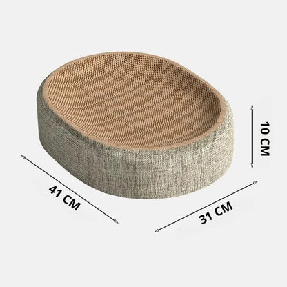 Schéma technique du panier griffoir ovale pour chat montrant une longueur de 41 cm, une largeur de 31 cm et une hauteur de 10 cm, avec structure en carton ondulé et revêtement textile gris.