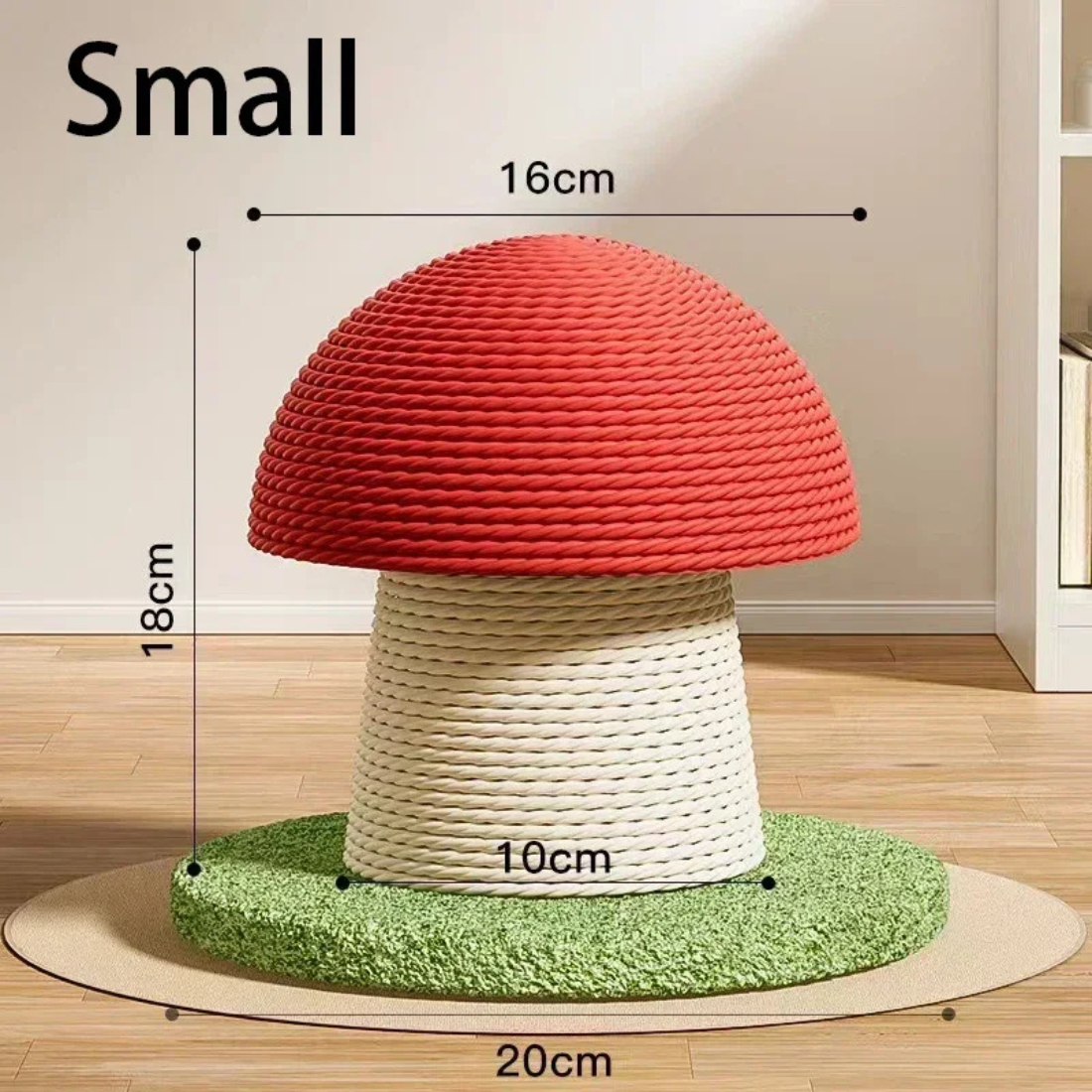 Schéma technique du petit griffoir champignon rouge pour chat : hauteur de 18 cm, largeur du chapeau de 16 cm, base stable de 20 cm et pied en sisal de 10 cm.