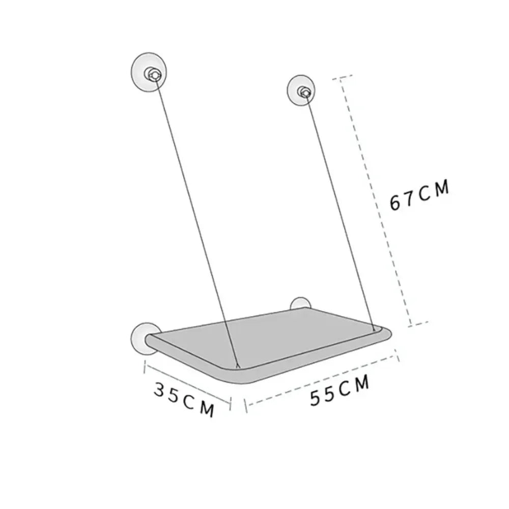 Schéma technique indiquant les dimensions du hamac pour chat de fenêtre : largeur 55 cm, profondeur 35 cm et hauteur de suspension 67 cm. Infographie avec mesures précises pour hamac chaton suspendu par ventouses. Plan de montage et encombrement pour hamac a chat. Les Trésors d'Owka.