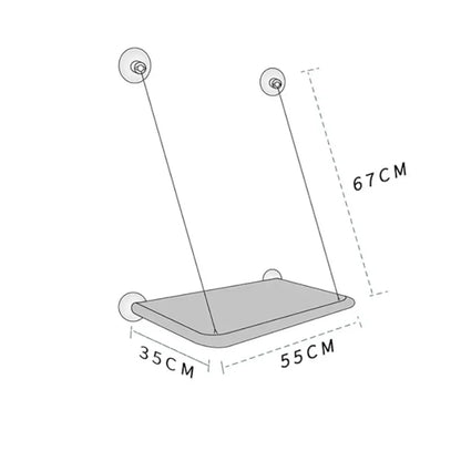 Schéma technique indiquant les dimensions du hamac pour chat de fenêtre : largeur 55 cm, profondeur 35 cm et hauteur de suspension 67 cm. Infographie avec mesures précises pour hamac chaton suspendu par ventouses. Plan de montage et encombrement pour hamac a chat. Les Trésors d'Owka.