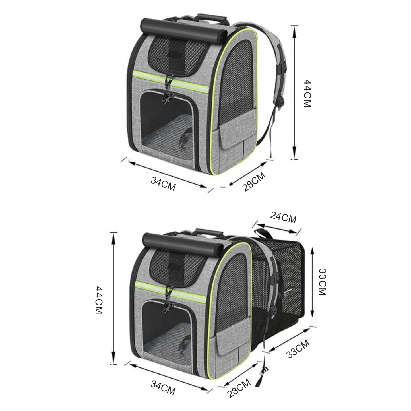 Dimensions et schéma technique du sac à dos pour chat extensible gris et jaune fluo. Infographie du sac dos pour chat Les Trésors d'Owka montrant les mesures 44x34x28cm et l'extension parc de 33cm. Sac dos chat haute visibilité avec mesh respirant pour voyage sécurisé.