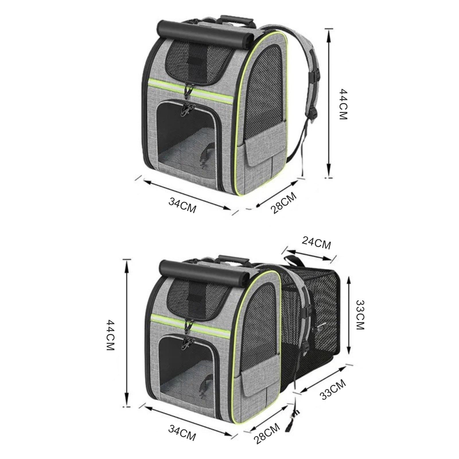 Dimensions et schéma technique du sac à dos pour chat extensible gris et jaune fluo. Infographie du sac dos pour chat Les Trésors d'Owka montrant les mesures 44x34x28cm et l'extension parc de 33cm. Sac dos chat haute visibilité avec mesh respirant pour voyage sécurisé.