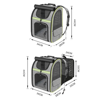 Dimensions et schéma technique du sac à dos pour chat extensible gris et jaune fluo. Infographie du sac dos pour chat Les Trésors d'Owka montrant les mesures 44x34x28cm et l'extension parc de 33cm. Sac dos chat haute visibilité avec mesh respirant pour voyage sécurisé.