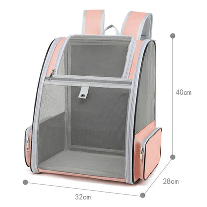 Dimensions du sac à dos pour chat respirant rose : 40x32x28 cm. Schéma technique du sac dos pour chat Les Trésors d'Owka en maille mesh aérée. Sac dos chat léger et spacieux avec poches latérales, idéal pour le transport sécurisé.