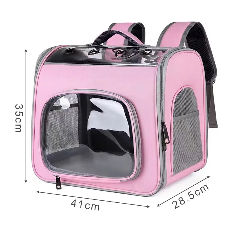 Dimensions du sac à dos pour chat rose spacieux : 41x35x28,5 cm. Infographie technique du sac dos pour chat Les Trésors d'Owka avec hublot panoramique et aérations mesh. Sac dos chat grand format pour un transport confortable et sécurisé.