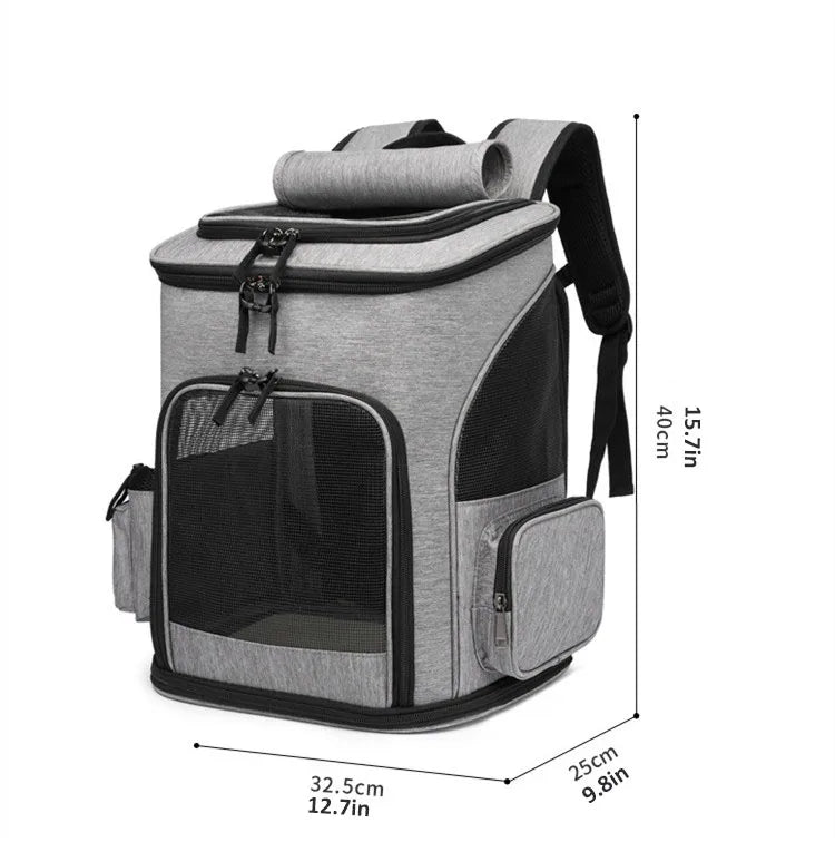 Schéma des dimensions d'un sac à dos de transport pour chat gris : hauteur de 40 cm, largeur de 32,5 cm et profondeur de 25 cm, avec bretelles rembourrées et poches latérales.
