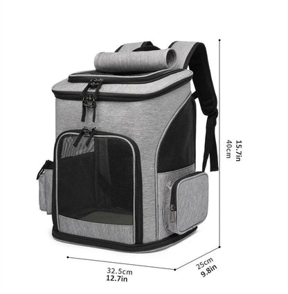 Schéma des dimensions d'un sac à dos de transport pour chat gris : hauteur de 40 cm, largeur de 32,5 cm et profondeur de 25 cm, avec bretelles rembourrées et poches latérales.