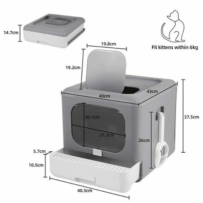 Schéma technique avec dimensions du bac à litière chat fermé (40x43x37.5 cm) gris et blanc. Cette maison de toilette à tiroir pliable convient parfaitement comme bac à litière pour chaton et chats adultes de moins de 6 kg, avec une large porte de 27 cm.