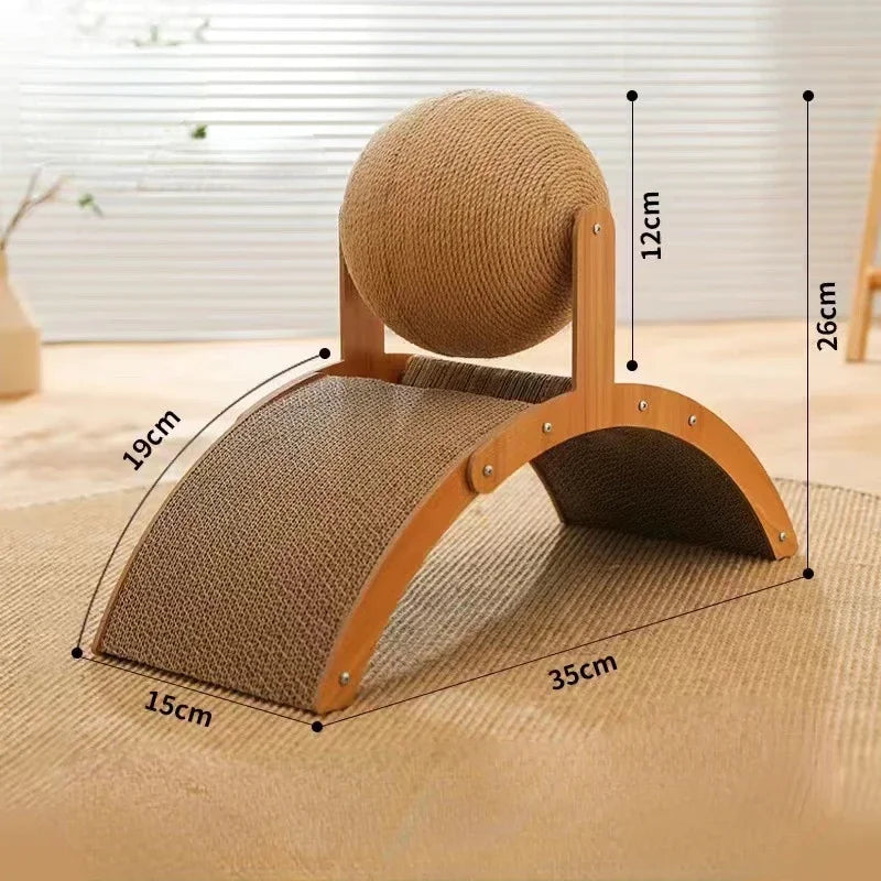 Schéma technique des dimensions d'une station de griffage pour chat : longueur 35 cm, largeur 15 cm, hauteur totale 26 cm avec balle rotative en sisal de 12 cm.