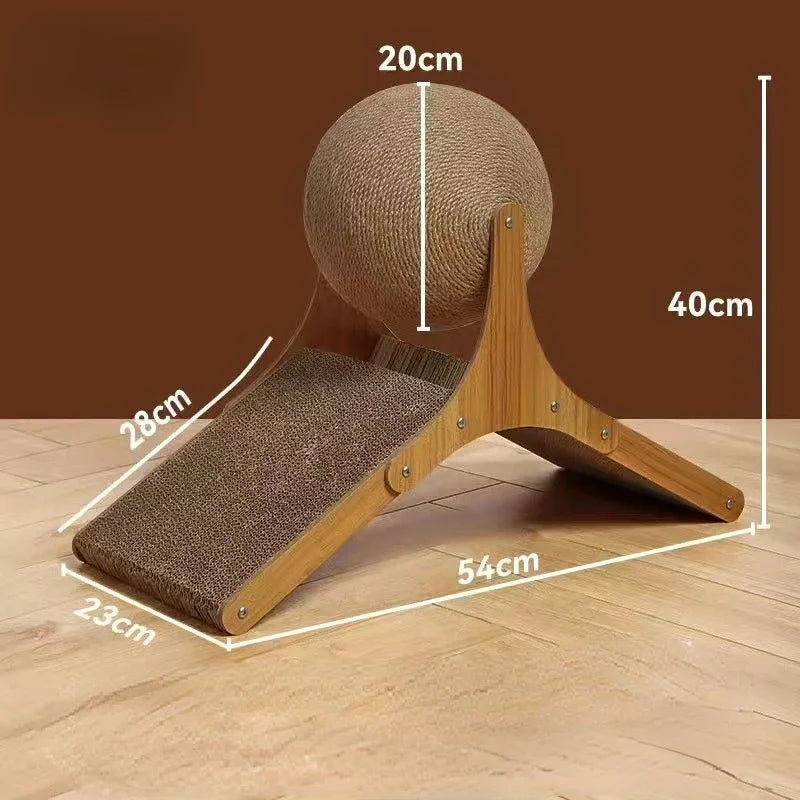 Schéma technique des dimensions de la station de griffage : hauteur totale de 40 cm, longueur de 54 cm, avec balle rotative en sisal de 20 cm et base triangulaire en bois avec carton ondulé.