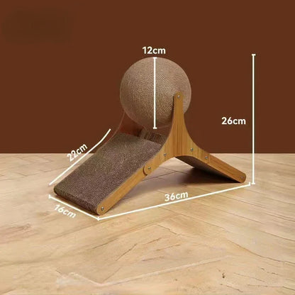 Schéma technique des dimensions d'une station de griffage triangulaire pour chat : longueur 36 cm, largeur 16 cm, hauteur totale 26 cm avec balle rotative en sisal de 12 cm.