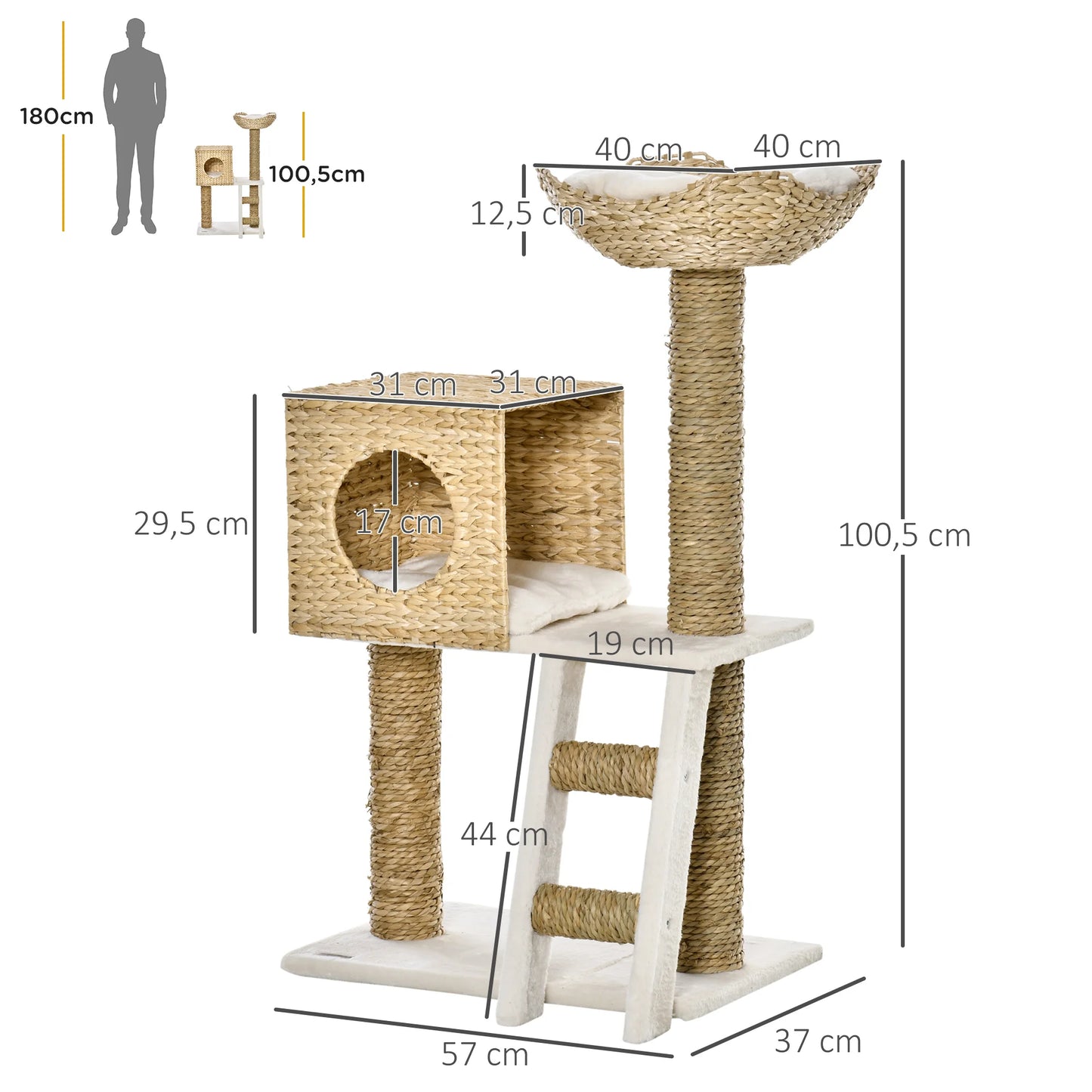 Dimensions de l'arbre à chat tressé : hauteur 100,5 cm, base 57x37 cm. Cet arbre chat naturel en jacinthe d'eau et peluche possède une niche cubique et un panier supérieur de 40 cm. Poteaux en arbre chat sisal pour les griffes. Comparaison de taille avec un humain de 180 cm.