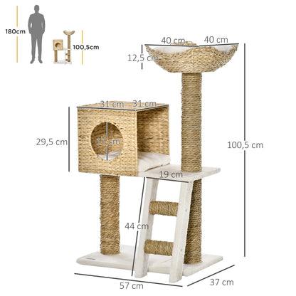 Dimensions de l'arbre à chat tressé : hauteur 100,5 cm, base 57x37 cm. Cet arbre chat naturel en jacinthe d'eau et peluche possède une niche cubique et un panier supérieur de 40 cm. Poteaux en arbre chat sisal pour les griffes. Comparaison de taille avec un humain de 180 cm.
