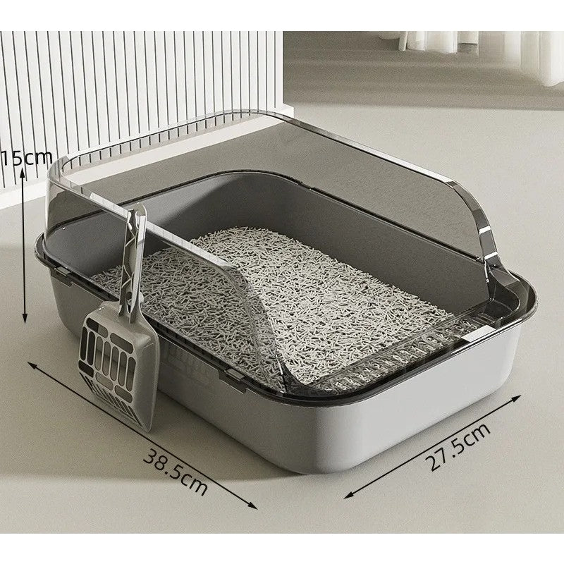 Infographie présentant les dimensions d'un bac à litière chat gris ouvert avec rebords translucides : 38,5 cm de long, 27,5 cm de large et 15 cm de haut. Comprend une pelle assortie fixée sur le côté, idéal comme bac à litière pour chaton.