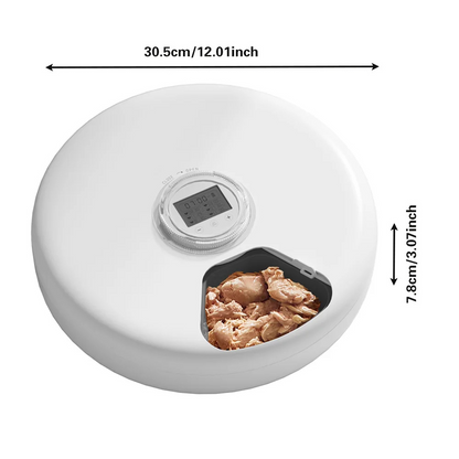 Schéma technique des dimensions d'un distributeur automatique circulaire blanc pour chat : diamètre de 30,5 cm et hauteur de 7,8 cm, avec compartiment de nourriture humide ouvert.