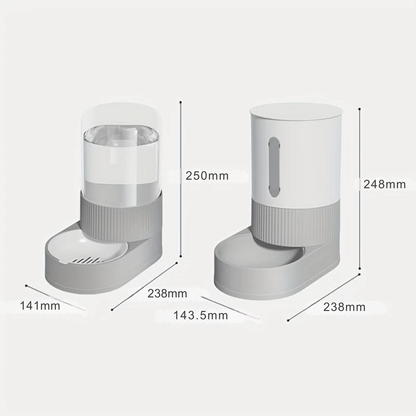Fiche technique avec dimensions du distributeur croquettes chat et de l'abreuvoir assortis. Mesures précises : hauteur environ 25cm, profondeur 23,8cm et largeur compacte de 14cm. Ce distributeur croquettes automatique par gravité possède une fenêtre de niveau pour les grains. Idéal comme distributeur croquettes chien de petit format pour les espaces réduits.