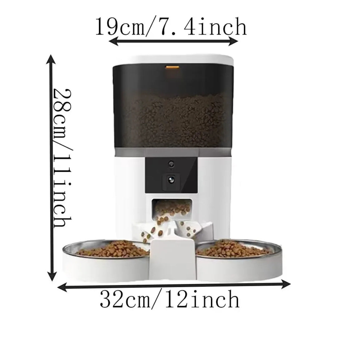 Schéma des dimensions du distributeur automatique de croquettes blanc avec caméra : hauteur de 28 cm, largeur de 19 cm pour le réservoir et 32 cm pour l'ensemble des deux gamelles.